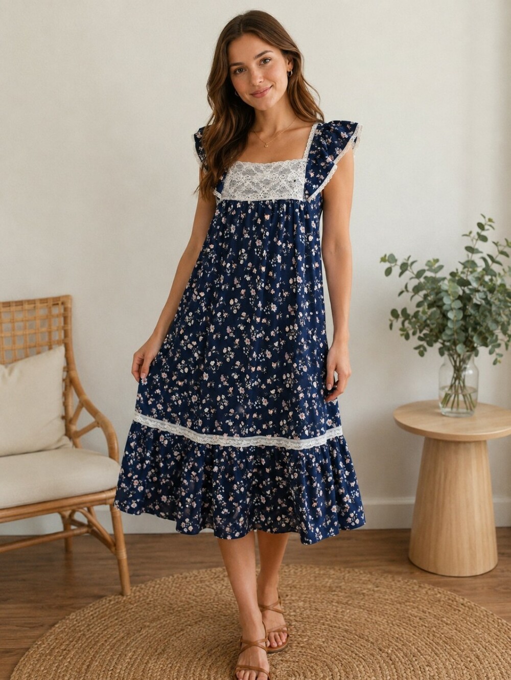 Blue and‎ White Short Sleeve Midi Sundress. Vintage. Size Large. Cottage Core.